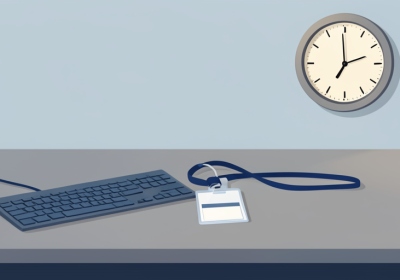 Office desk with a keyboard, an access badge on a lanyard, and a wall clock