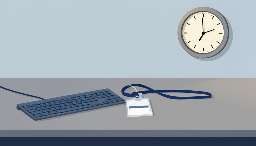 Office desk with a keyboard, an access badge on a lanyard, and a wall clock