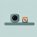 A minimalist illustration of an indoor security camera on a shelf beside a no-subscription badge