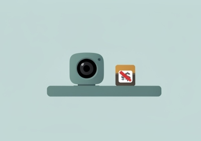A minimalist illustration of an indoor security camera on a shelf beside a no-subscription badge