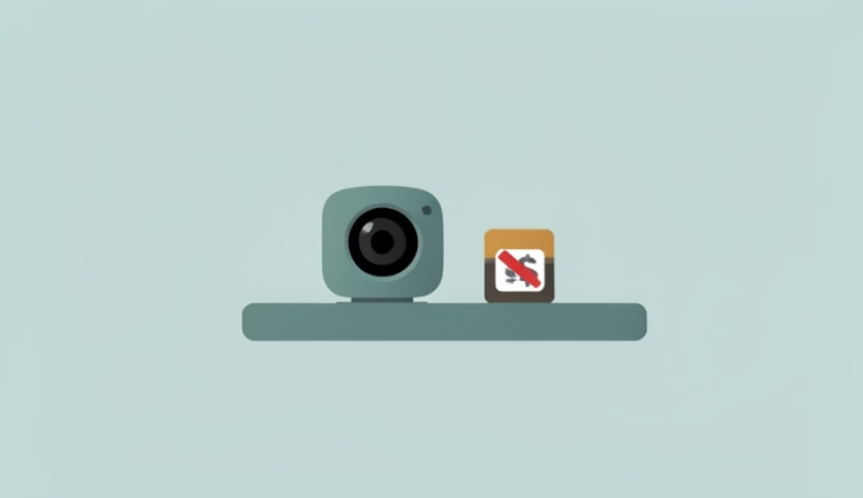 A minimalist illustration of an indoor security camera on a shelf beside a no-subscription badge