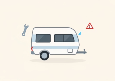 A small travel-trailer camper with a wrench, a blue water drop, and a red warning triangle nearby