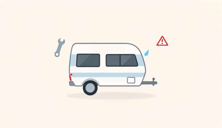 A small travel-trailer camper with a wrench, a blue water drop, and a red warning triangle nearby