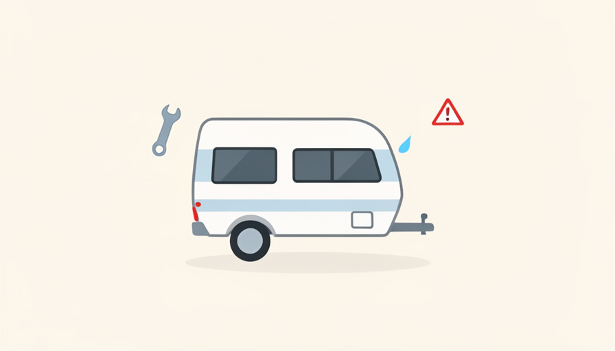 A small travel-trailer camper with a wrench, a blue water drop, and a red warning triangle nearby