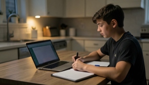 A student using a school laptop and tablet at a kitchen table at home in the evening
