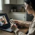 A parent looking at family photos on a phone at a kitchen table