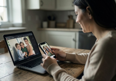 A parent looking at family photos on a phone at a kitchen table