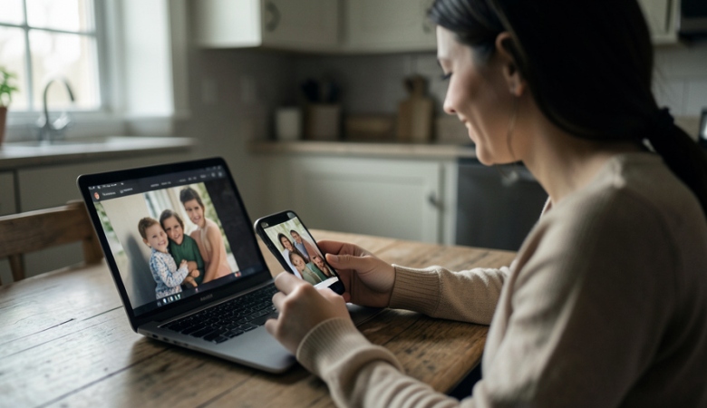A parent looking at family photos on a phone at a kitchen table