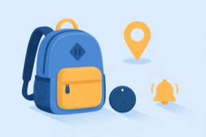 Flat illustration of a child's backpack, a round Bluetooth tracker, a location pin, and an alert bell