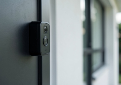 A modern video doorbell mounted beside a front door in daylight