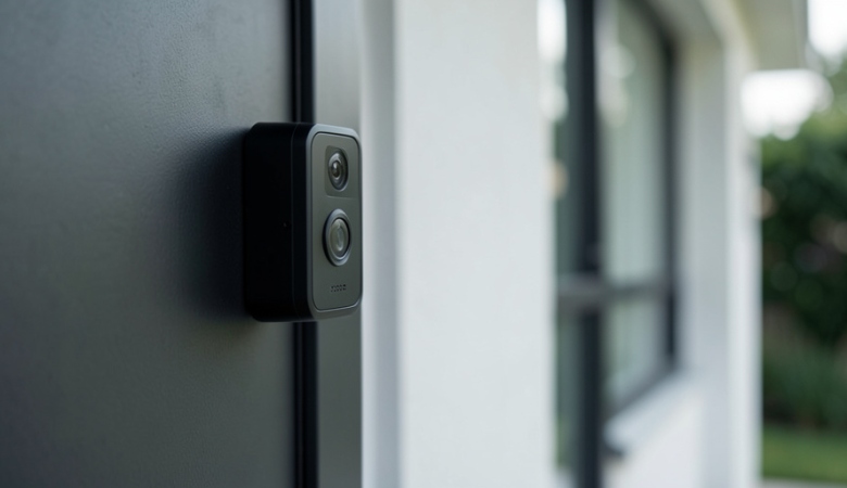 A modern video doorbell mounted beside a front door in daylight