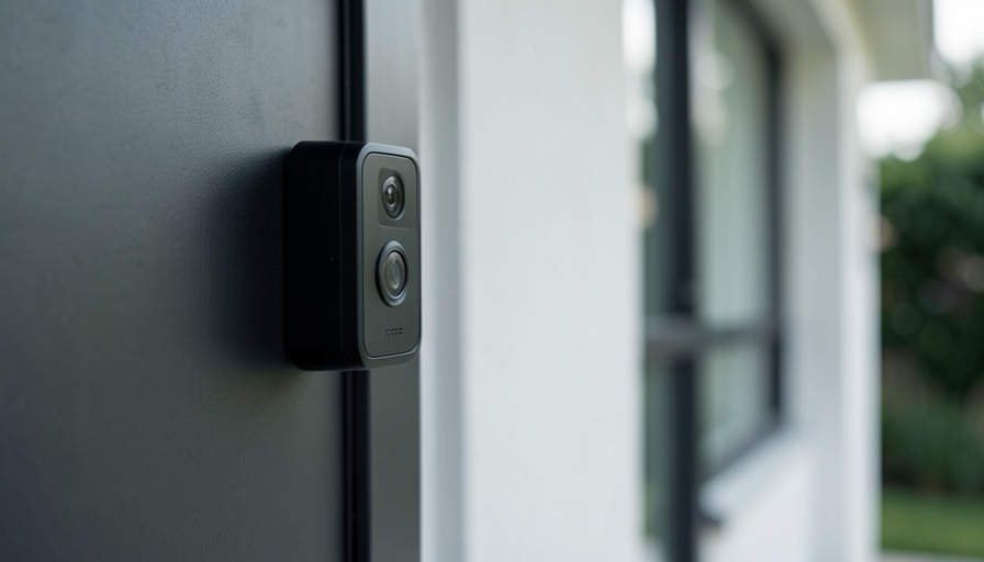 A modern video doorbell mounted beside a front door in daylight