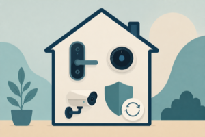Flat illustration of a house with a smart lock, thermostat, and camera, plus a shield and reset icon