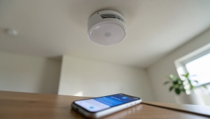 A smart smoke alarm mounted on a ceiling in an older home with a phone showing an alert nearby
