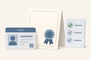 Flat illustration of an ID card, a certificate, and a checklist with a green checkmark