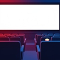 A cinema auditorium lit in red and blue with empty seats facing a bright blank screen