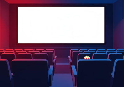 A cinema auditorium lit in red and blue with empty seats facing a bright blank screen