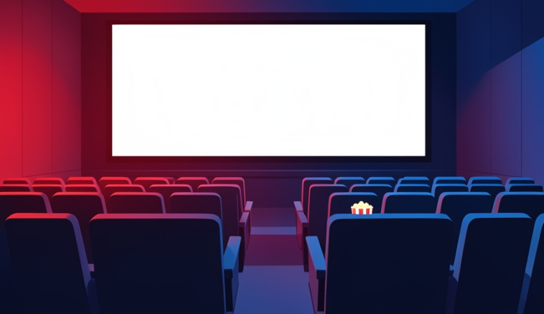 A cinema auditorium lit in red and blue with empty seats facing a bright blank screen