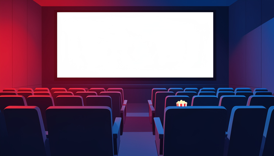 A cinema auditorium lit in red and blue with empty seats facing a bright blank screen