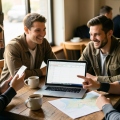 Four friends looking at a laptop and a phone at a table while planning a trip budget
