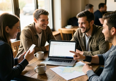 Four friends looking at a laptop and a phone at a table while planning a trip budget