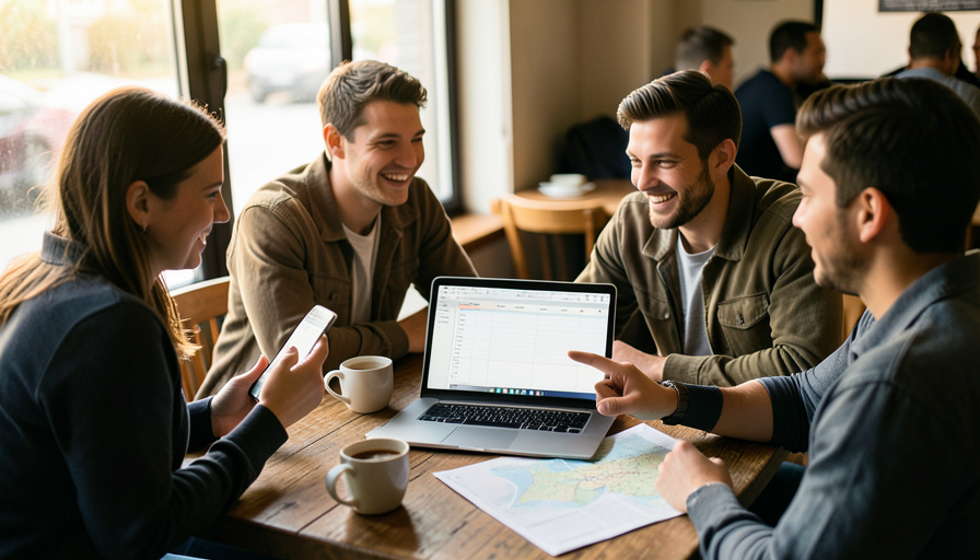 Four friends looking at a laptop and a phone at a table while planning a trip budget