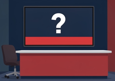 A sports-news studio desk facing a screen showing a large question mark and a blank banner