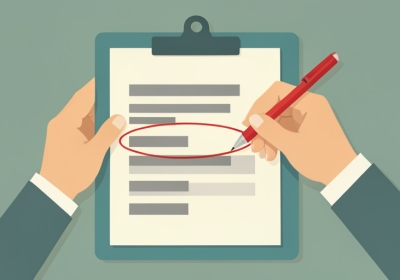 Hands reviewing a clipboard bill with a red pen circling one line item