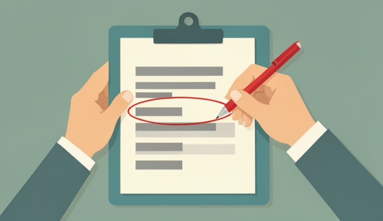 Hands reviewing a clipboard bill with a red pen circling one line item