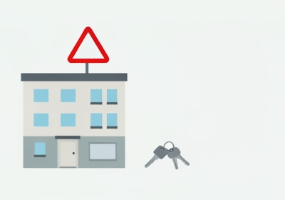 An apartment building with a blank yard sign, a set of keys, and a red warning triangle above it