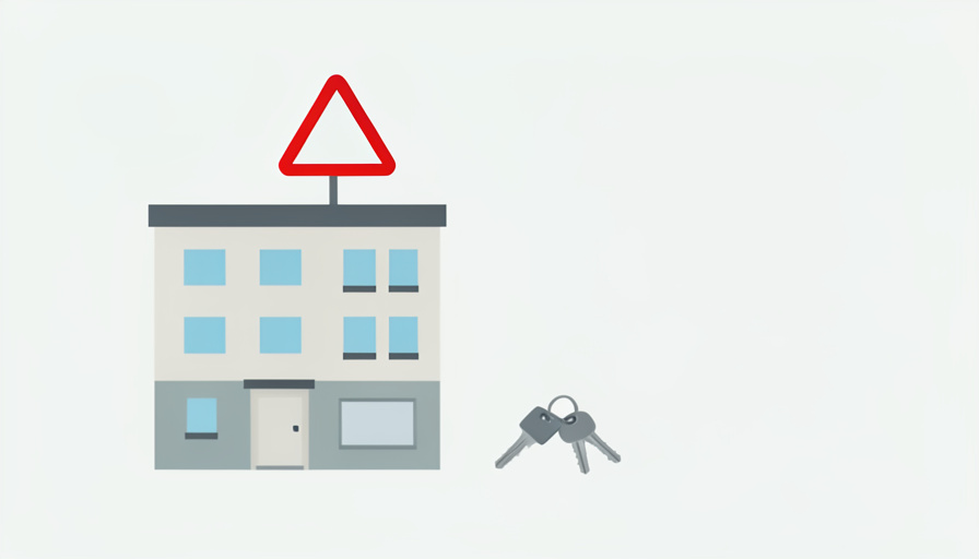 An apartment building with a blank yard sign, a set of keys, and a red warning triangle above it