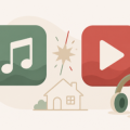 Flat illustration of two music app tiles side by side with a versus spark, a house outline, and headphones