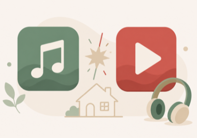 Flat illustration of two music app tiles side by side with a versus spark, a house outline, and headphones