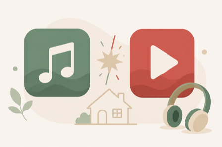 Flat illustration of two music app tiles side by side with a versus spark, a house outline, and headphones