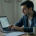 A job seeker looking cautiously at a laptop showing an email while holding a phone at a home desk