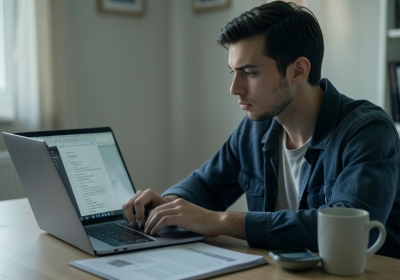 A job seeker looking cautiously at a laptop showing an email while holding a phone at a home desk