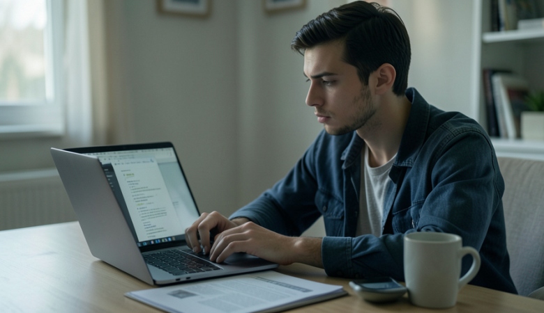 A job seeker looking cautiously at a laptop showing an email while holding a phone at a home desk