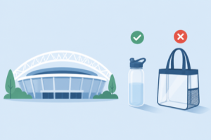 Flat illustration of a stadium with a transparent water bottle marked allowed and a clear bag