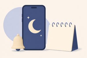 Flat illustration of a smartphone with a crescent moon icon beside a bell and a calendar representing silenced alerts
