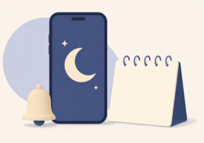 Flat illustration of a smartphone with a crescent moon icon beside a bell and a calendar representing silenced alerts