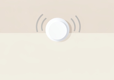 A white round smoke alarm on a ceiling emitting curved sound-wave arcs to suggest chirping