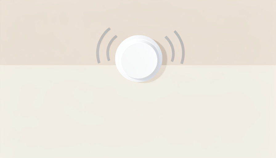 A white round smoke alarm on a ceiling emitting curved sound-wave arcs to suggest chirping