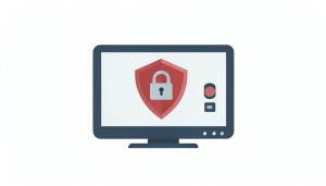 A minimalist illustration of a television screen showing a shield with a padlock and a toggle switch