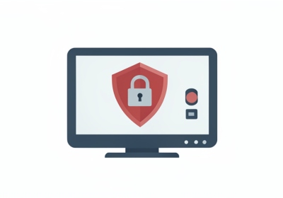 A minimalist illustration of a television screen showing a shield with a padlock and a toggle switch
