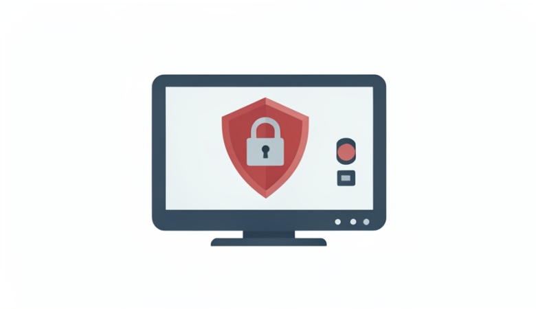 A minimalist illustration of a television screen showing a shield with a padlock and a toggle switch