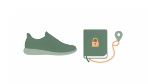A minimalist illustration of a running shoe beside a locked journal and a winding route line with a location pin