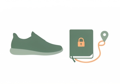 A minimalist illustration of a running shoe beside a locked journal and a winding route line with a location pin