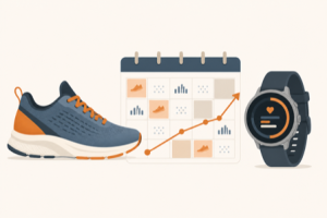 Flat illustration of a running shoe, a training-plan calendar with a progress line, and a sports smartwatch