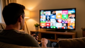 A person browsing streaming apps on a smart TV in a living room with a remote in hand