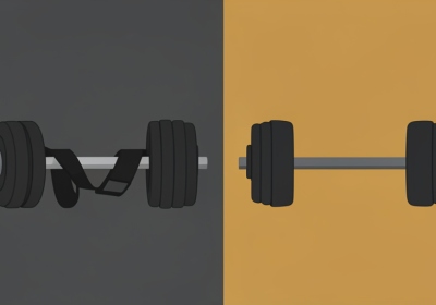 Two loaded barbells side by side, one with lifting straps and one bare